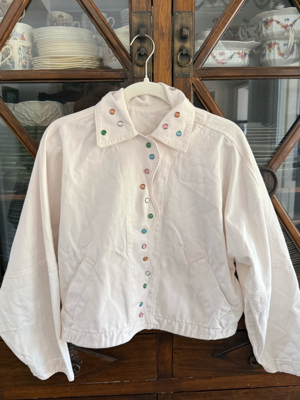 Women's Light Pink Jean Jacket with Multicolor Accent Buttons